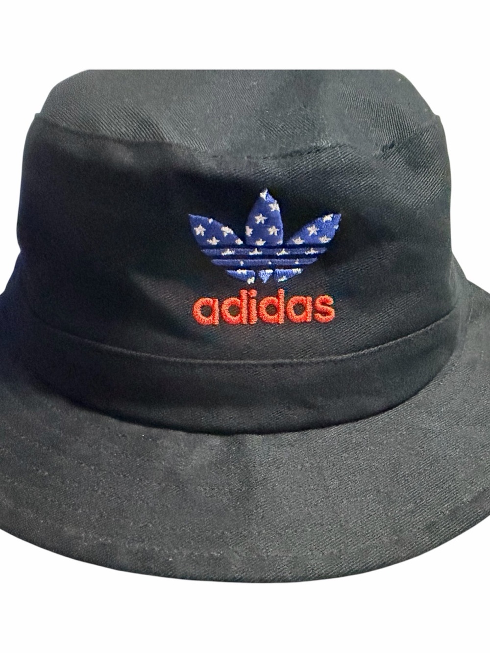 adidas Men’s Black Bucket Hat with Blue Star Trefoil and Red Logo